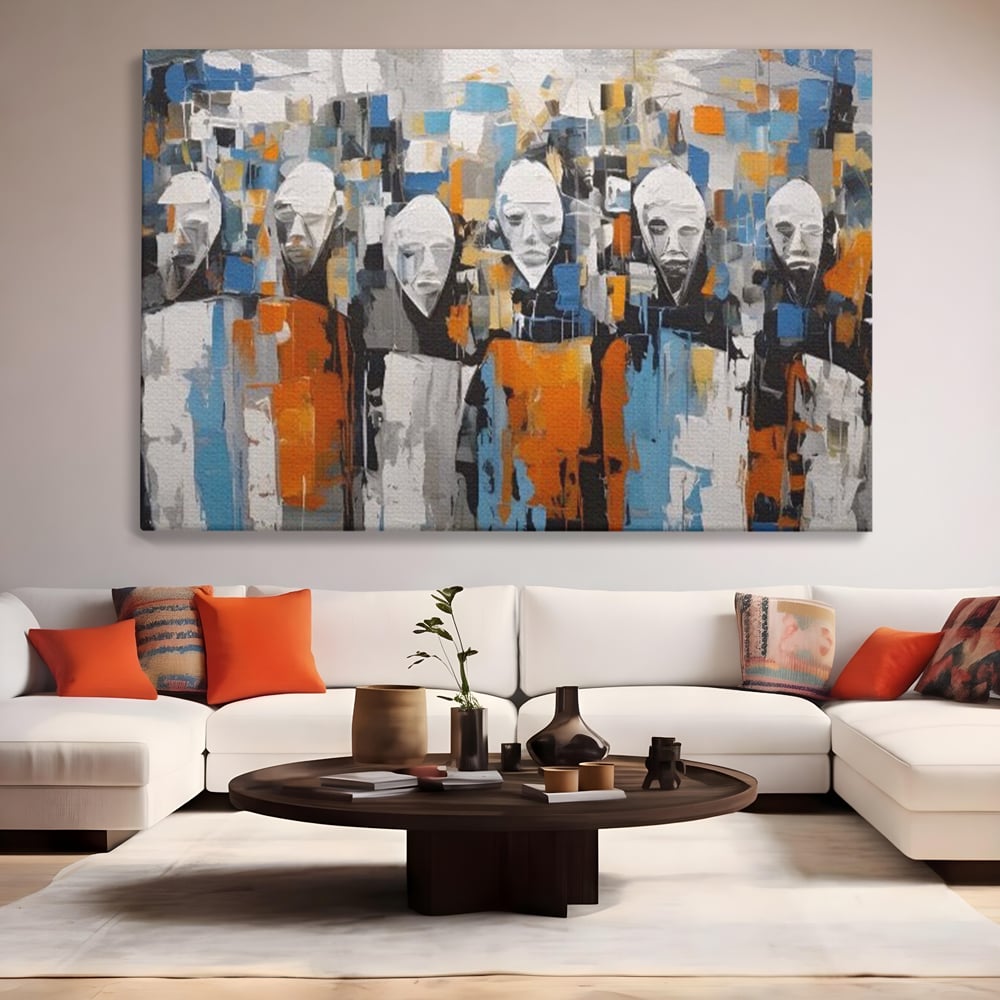Tablou canvas cu tablou canvas cu chipuri multiple stilizate, fara rama, pe sasiu de lemn, pe perete intr-un living